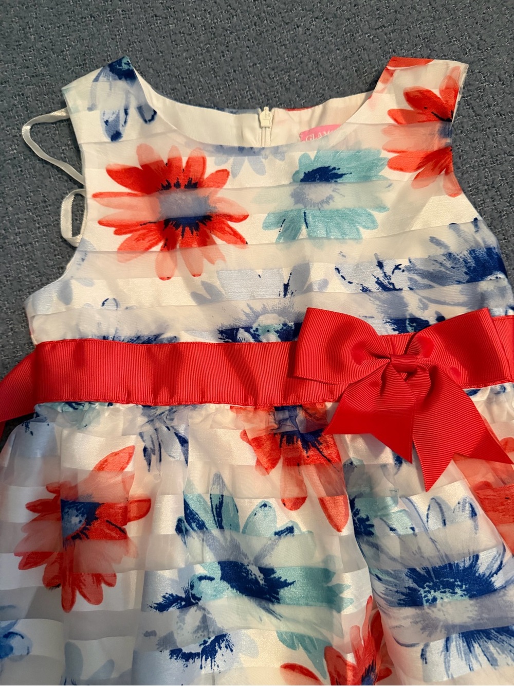 Girls Floral Ribbon Sash Dress - White with Coral & Navy - Picture 2 of 5